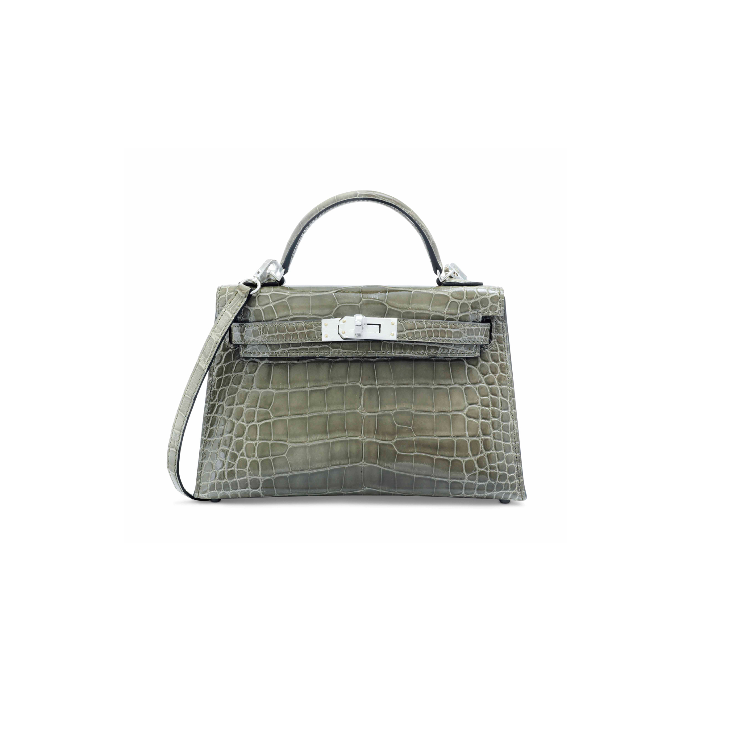 H**mes master mini kelly ii glossy crocodile turtledove gray silver buckle (19*12*5.5cm)